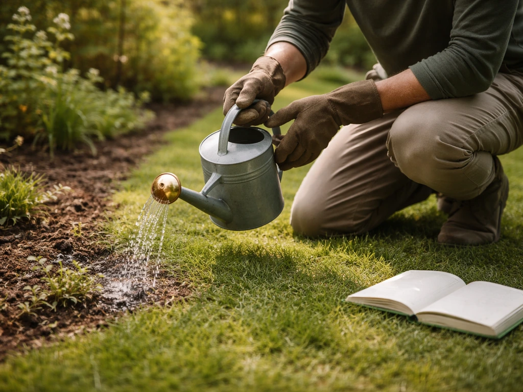 Anonieme tuinbezitter knielt bij fris groen gras, met een groen boek op de grond naast een gieter.