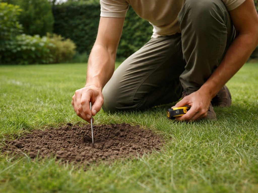 Iemand controleert met een priktool en meetmateriaal de bodem in een tuin