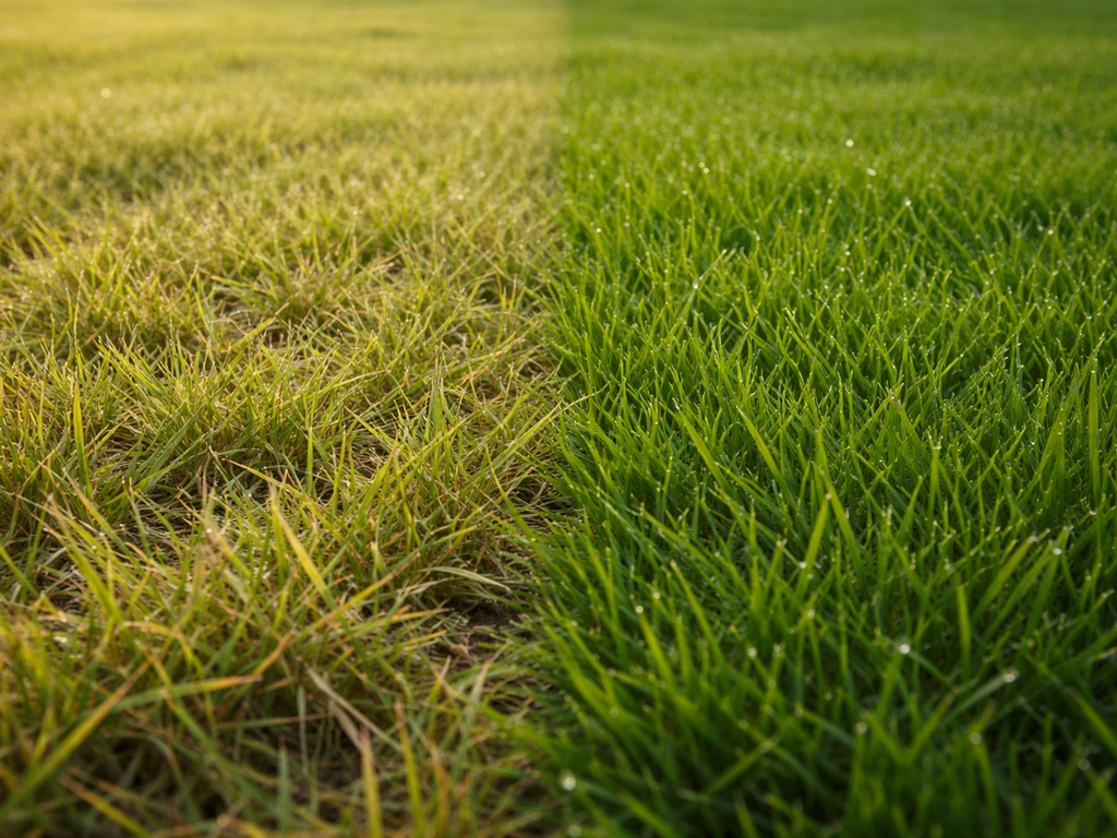 Close-up van lichtgroen of geel gras naast weelderig groen gras, met duidelijk kleurverschil