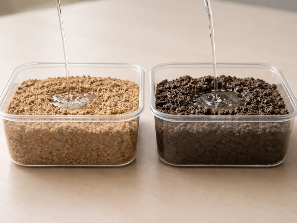 Twee bakjes met zand- en kleigrond met duidelijk textuurverschil en langzaam doorzichtig water dat wegzakt.