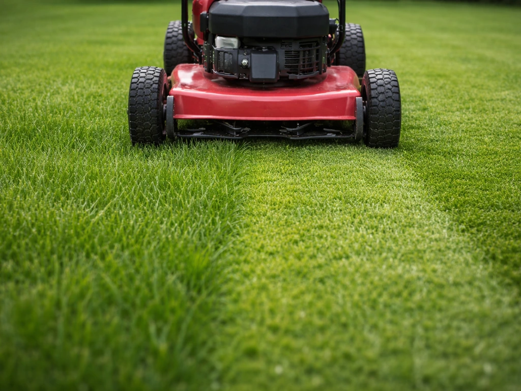 Grasmachine maait een strak gazon op de juiste hoogte met zichtbare maaistrook