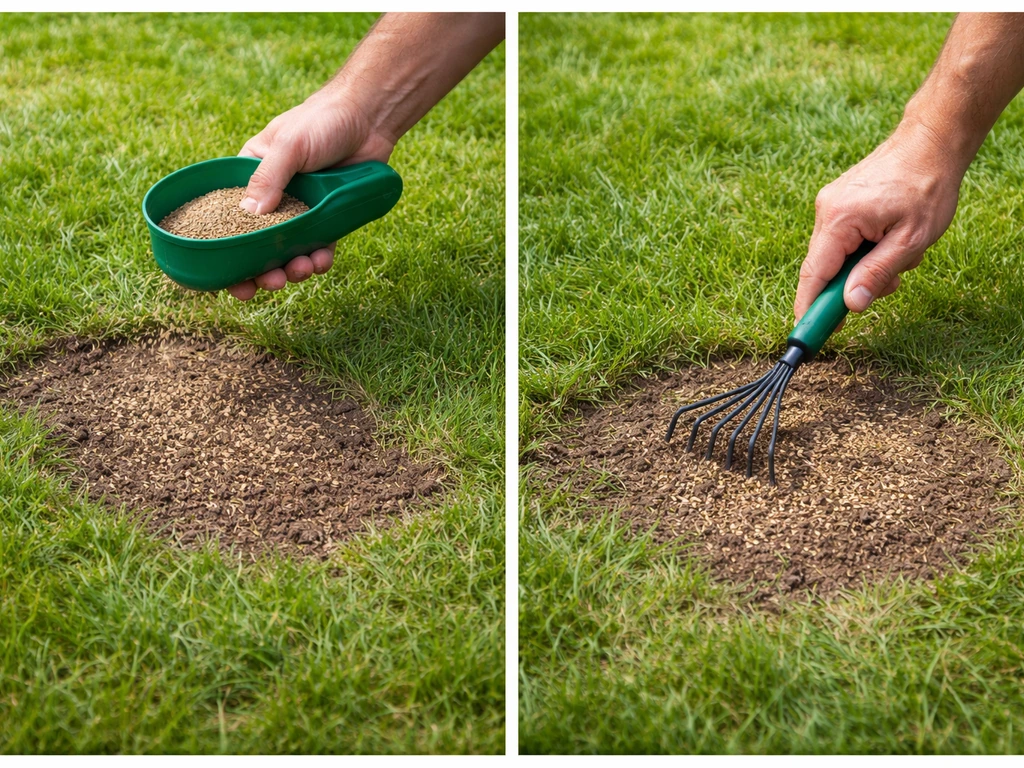 Handen met graszaad en strooiklaar aanpak op kale plekken in een gazon, met lichte afdekking.