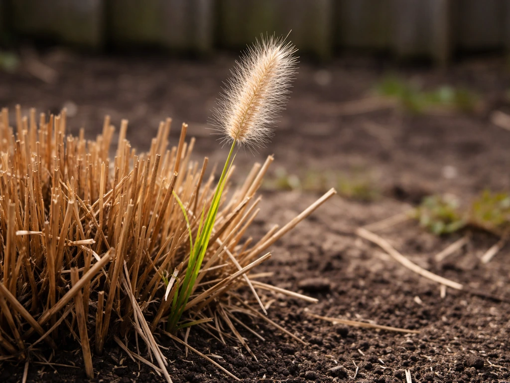 Hameln-gras in een Nederlandse tuin begin/midden maart, met bruine halmen die je terugknipt.