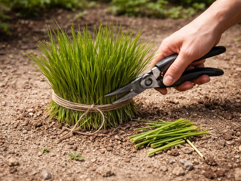 Een tuinplantpol met los touw eromheen, terwijl een hand met snoeischaar de stengels horizontaal terugknipt.