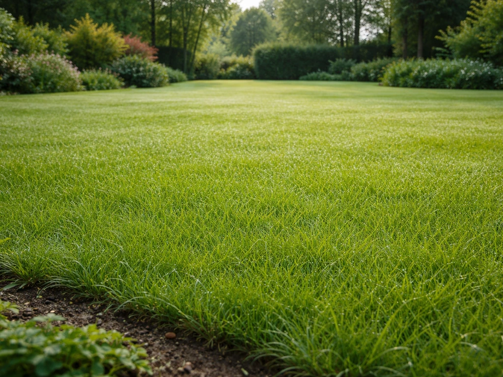 Fris, dicht groen gazon met egale grasmat en dauwdruppels in een rustige Nederlandse tuin