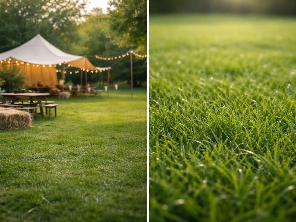 Klein festivalterrein met gras en daarnaast een close-up van vers gazon om de term “groen als gras festival” te tonen.