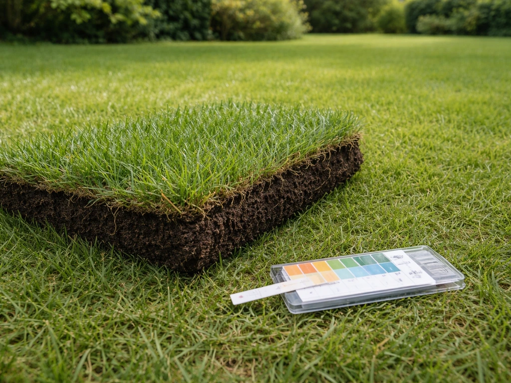 Uitgestoken graszode met zicht op bodemlaag en een pH-meetstripje in een Nederlandse tuin