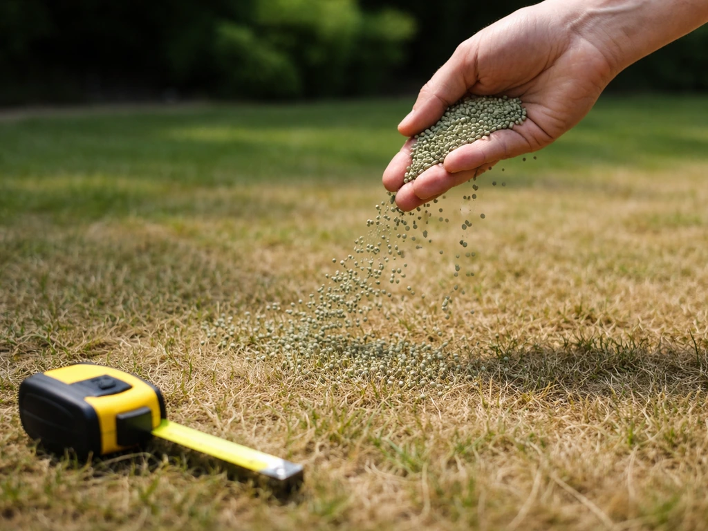 Hand strooit gazonmestkorrels op droog gras, met rolmaat voor schaal in een rustige tuin.