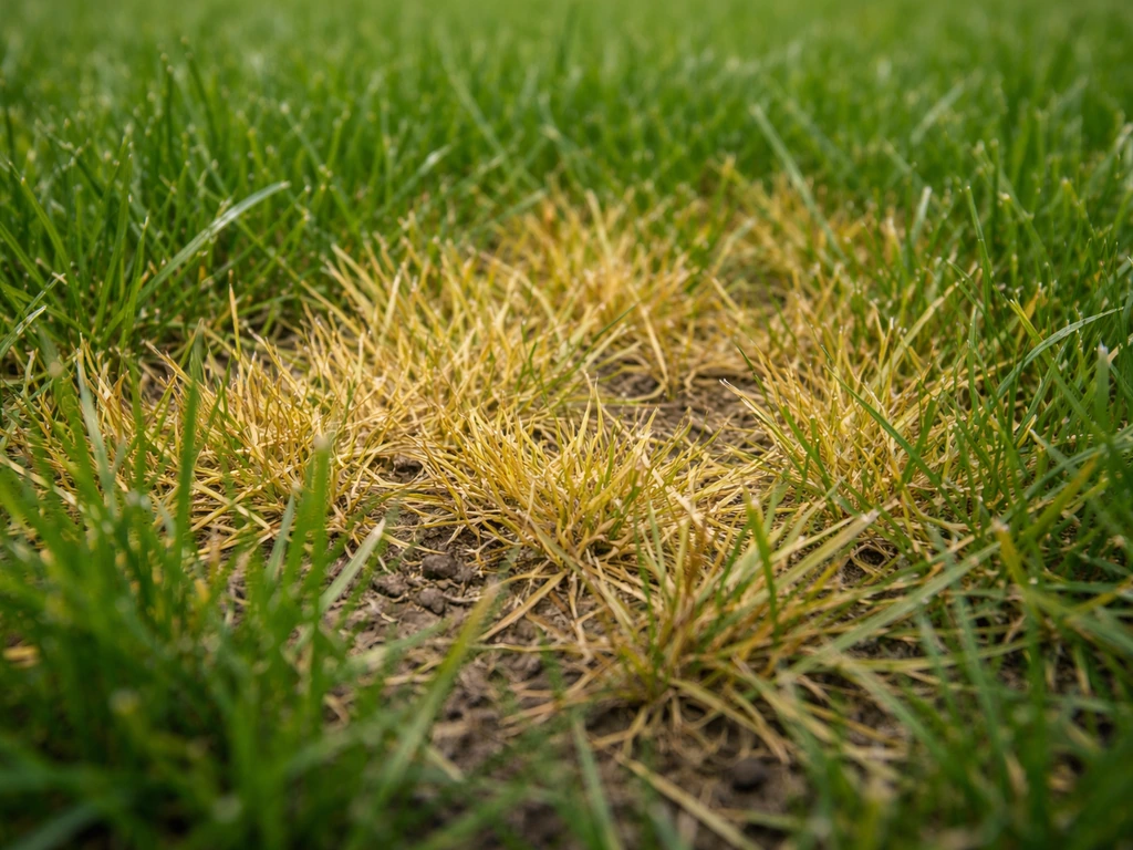Geel verkleurde grassprieten met een duidelijk patchy patroon, close-up die overbemesting suggereert