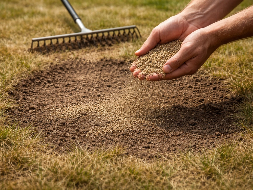 Handen strooien grasmengsel op kale plek in het gazon en een hark egaliseert de grond.