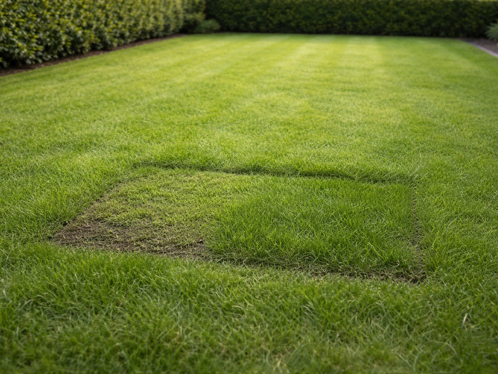 Dicht en groen gazon met een zichtbare herstelde patch waar beschadigd gras herstellen heeft plaatsgevonden.