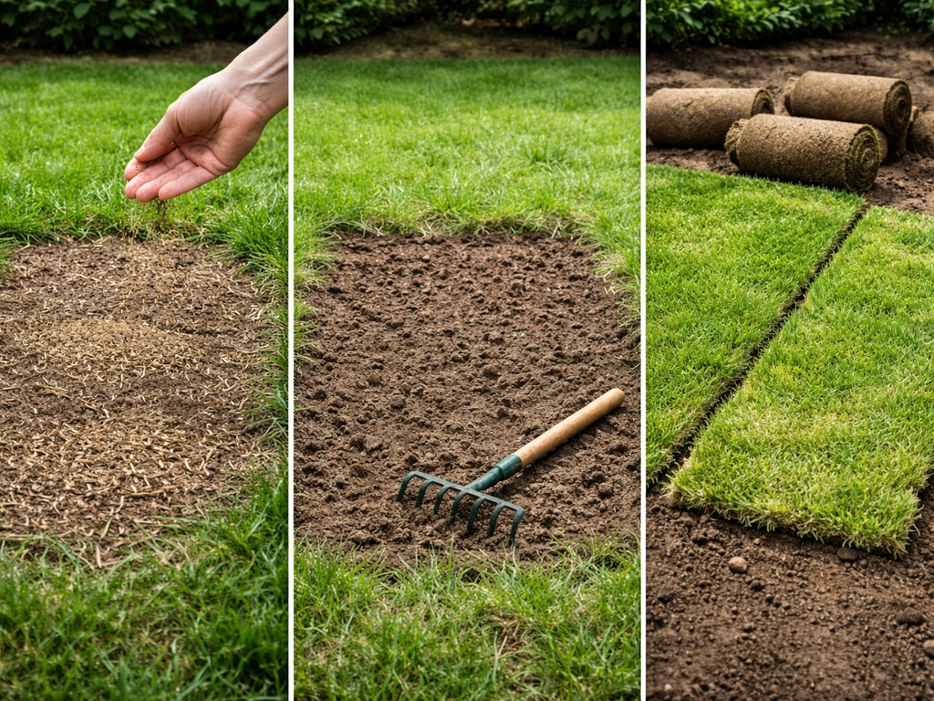 Drie gazonstroken naast elkaar: overgezaaid met zaad, bijgezaaid met doorharken/seedplug, en nieuwe graszoden op kale pl