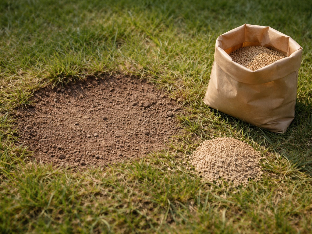 Handvol en zak graszaad op een gazon met kale plek, klaar voor herstel, dichtbij gefotografeerd.