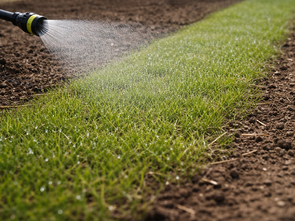 Close-up van een sproeier die fijn water gelijkmatig over een herstelde grasstrook laat vallen, vochtig maar niet plasse