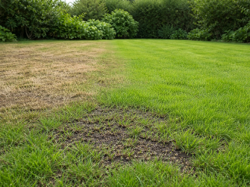 Nederlands gazon met bruine dode plekken en helder herstellend groen gras, alsof het weer opkomt.