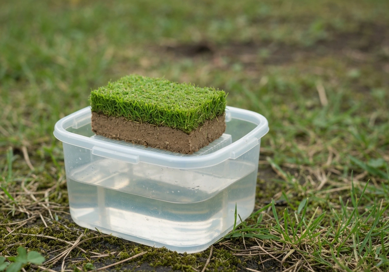 Uitgesneden stukje gras in doorzichtig bakje met water op een vochtige ondergrond, voor 24–48 uur watertest.