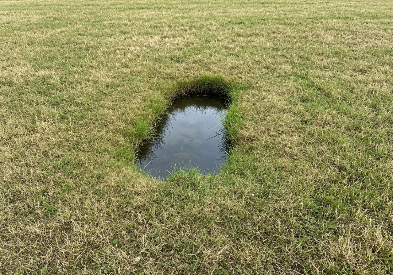 Verdroogde rand van een gazon: bruin gras met een duidelijke grens richting een nog groener deel.