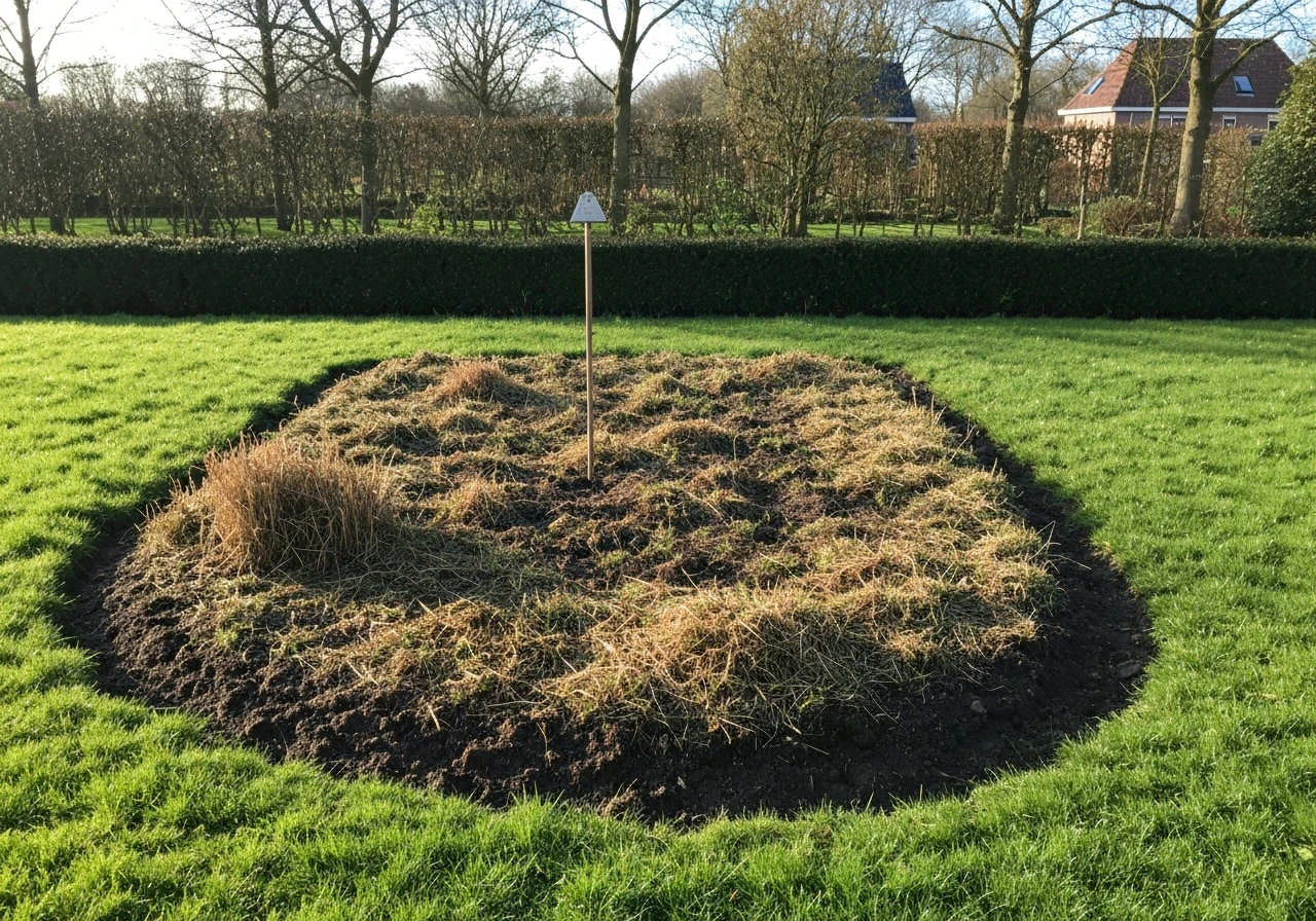 Tuinperceel met omgespitte, kale grond en klaar liggende stroken om te herinzaaien of herplaggen.