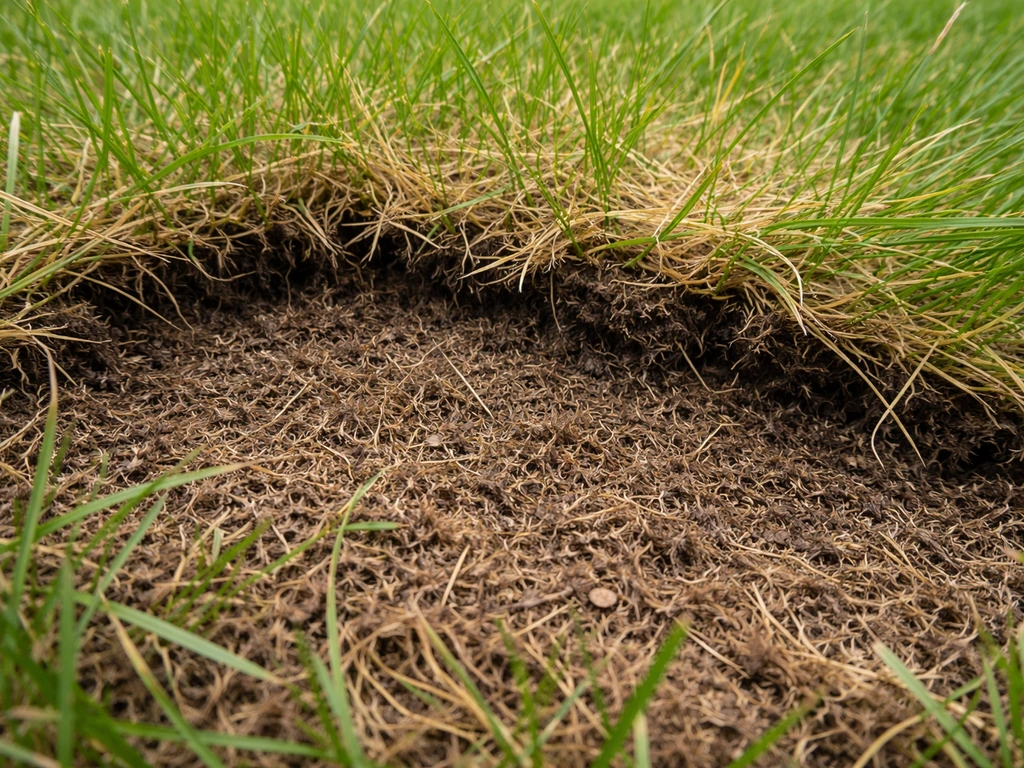 Close-up van viltlaag en mos in het gazon: bruin vezelig organisch materiaal onder schraal groen gras.