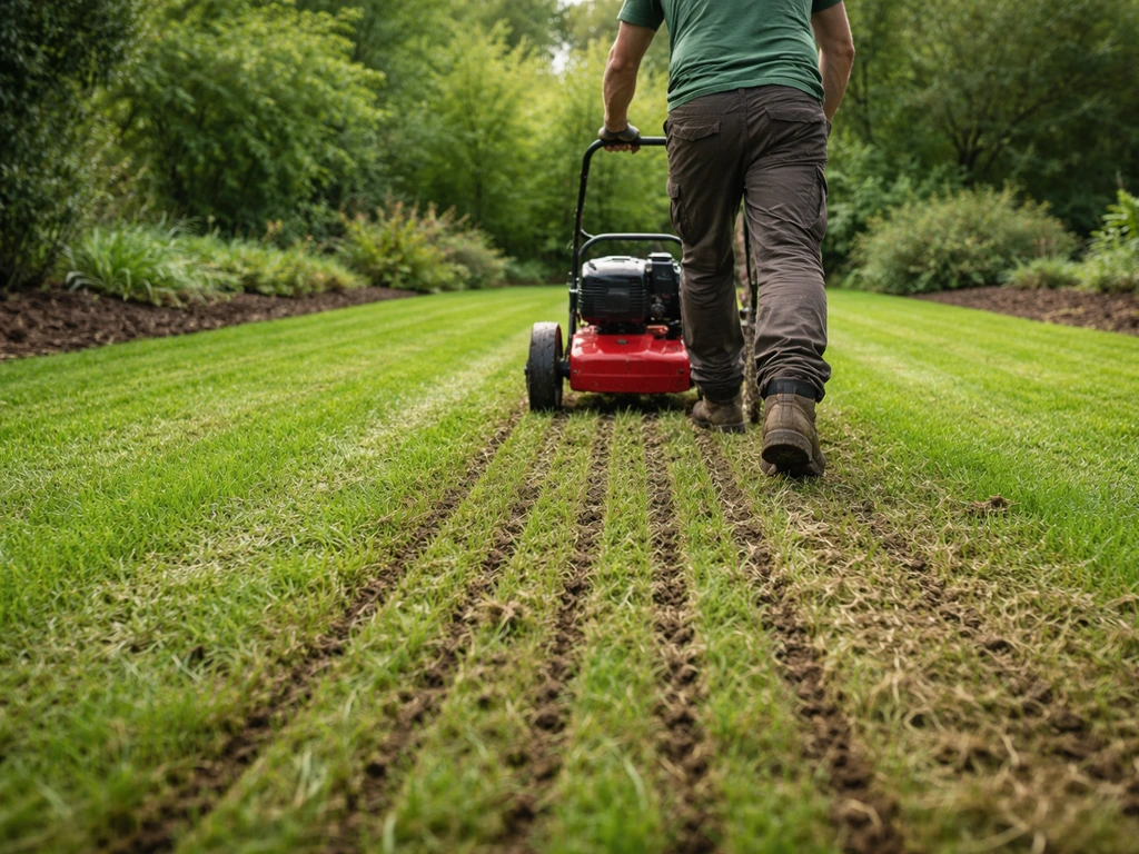 Anonieme tuinman duwt een verticuteerder over het gazon; het gras wordt opengebroken met zichtbare sleuven.