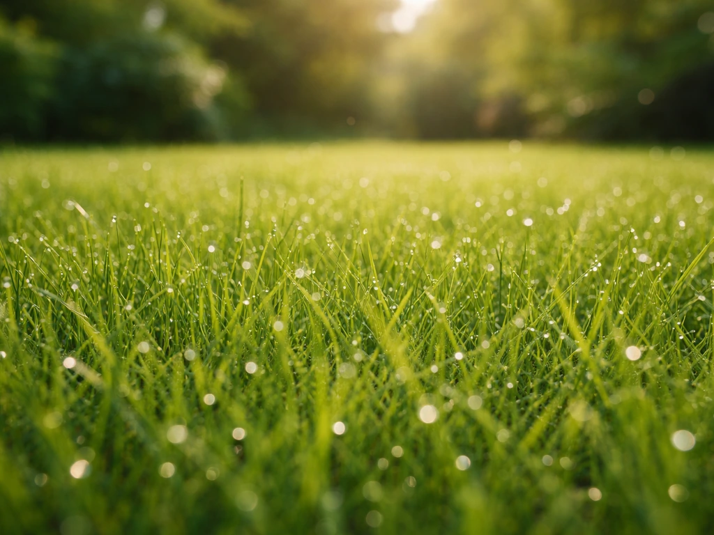 Fris groen Nederlands gazon met ochtenddauw en zacht ochtendlicht, minimale hero-scène.