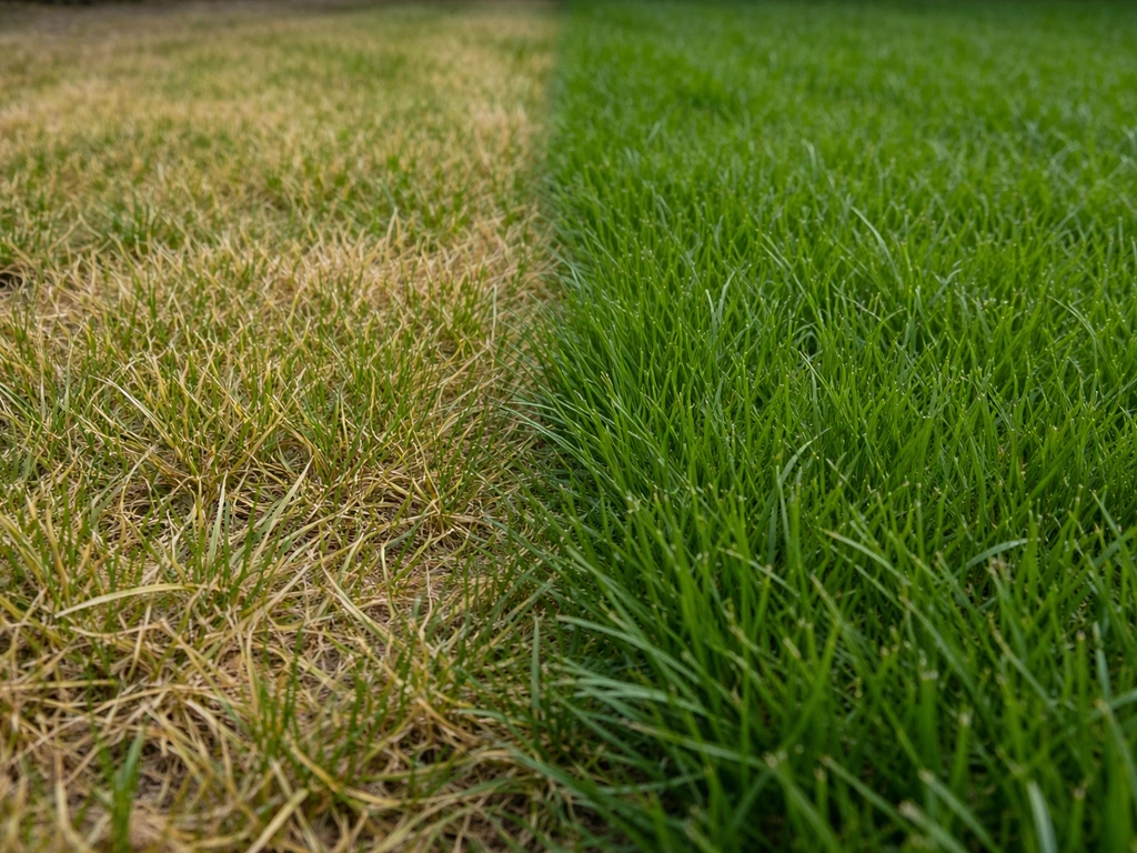 Close-up van geel en vaal gras naast gezond groen gras in een Nederlandse tuin, met duidelijke verkleuringen.