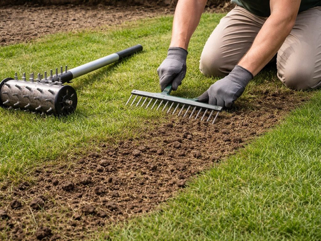 Tuinier bezig met verticuteren en beluchten: verticuteerhark in gras en zichtbare grondkernen/viltlaag.