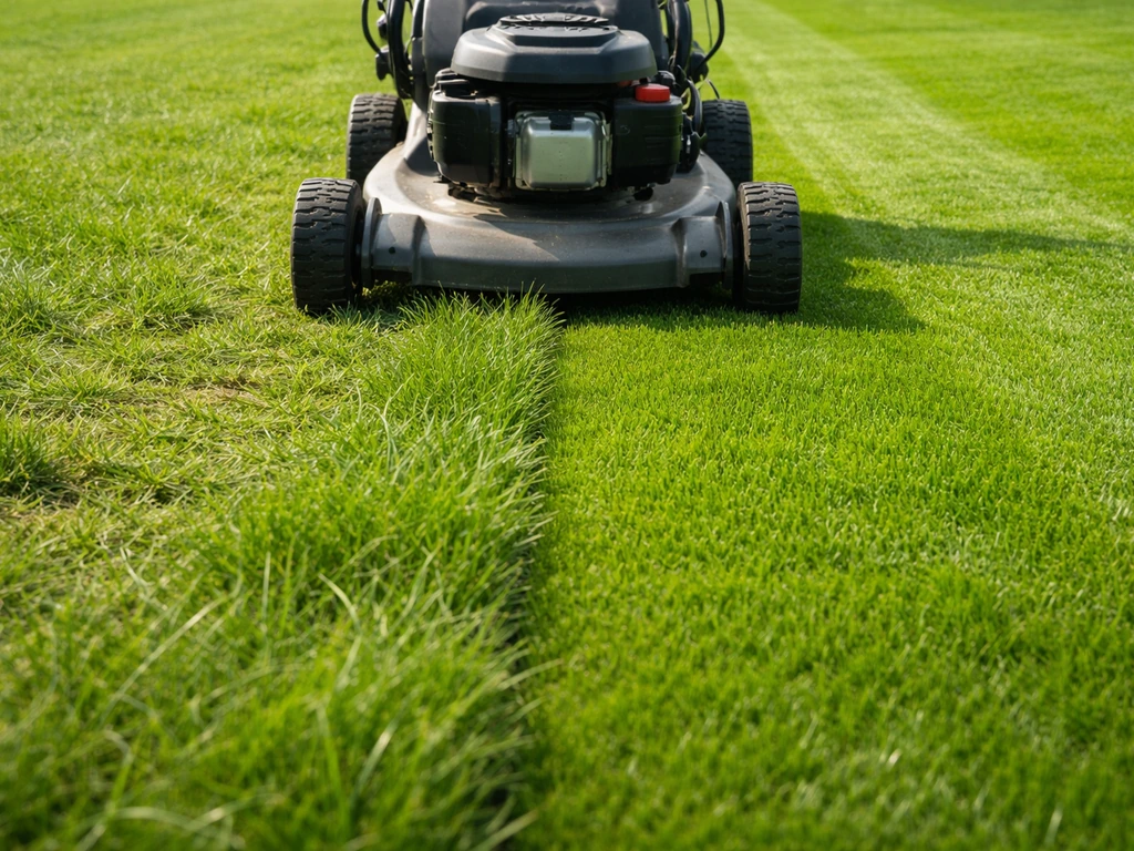 Close-up van een grasmaaier met netjes gemaaide grasstrook naast korter, minder mooi gras.