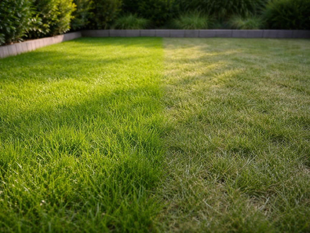 Groener gazon links en iets valer rechts, subtiele ‘overkant is groener’-illusie in een rustige NL tuin