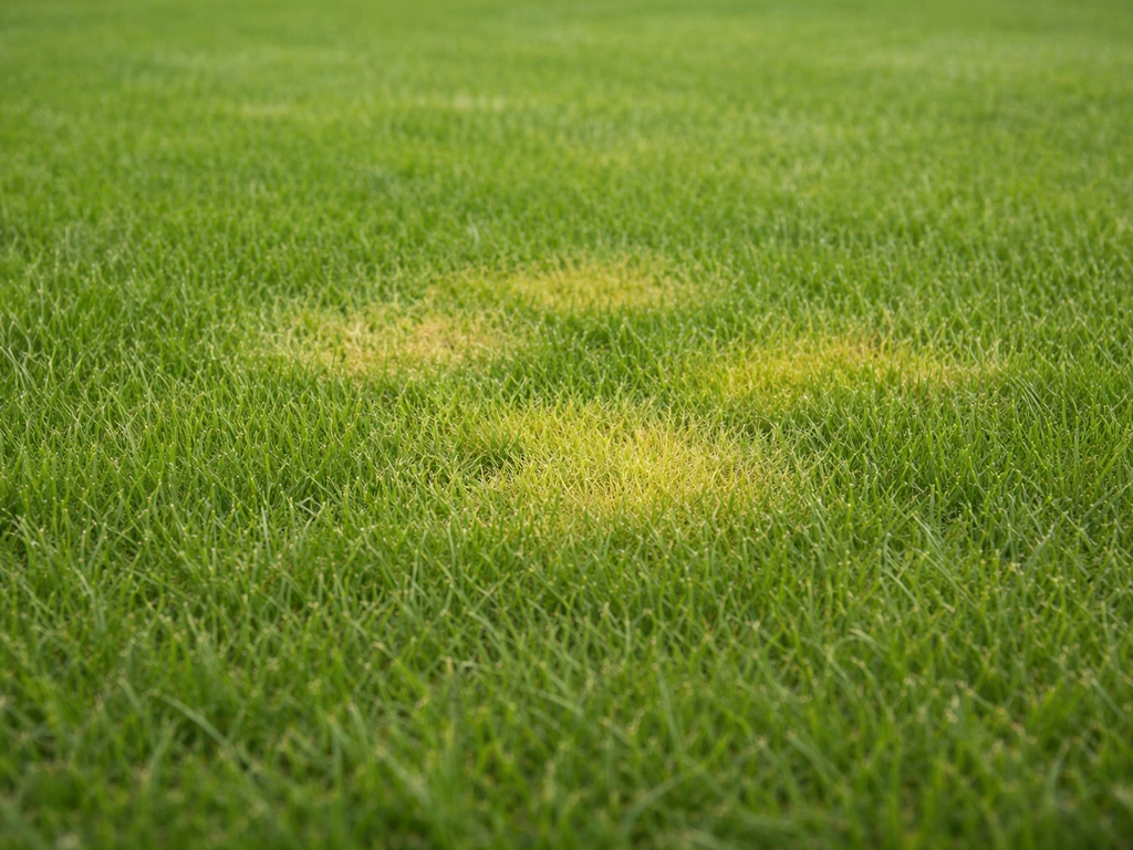 Close-up van een gazon met gelijkmatig lichtgroen gras en geelgroene vlekken in het midden.