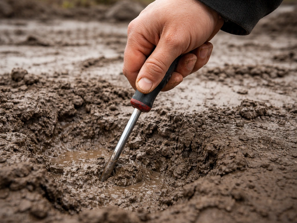 Hand die een schroevendraaier langzaam in kleigrond duwt, weerstand zichtbaar bij verdichting-test.