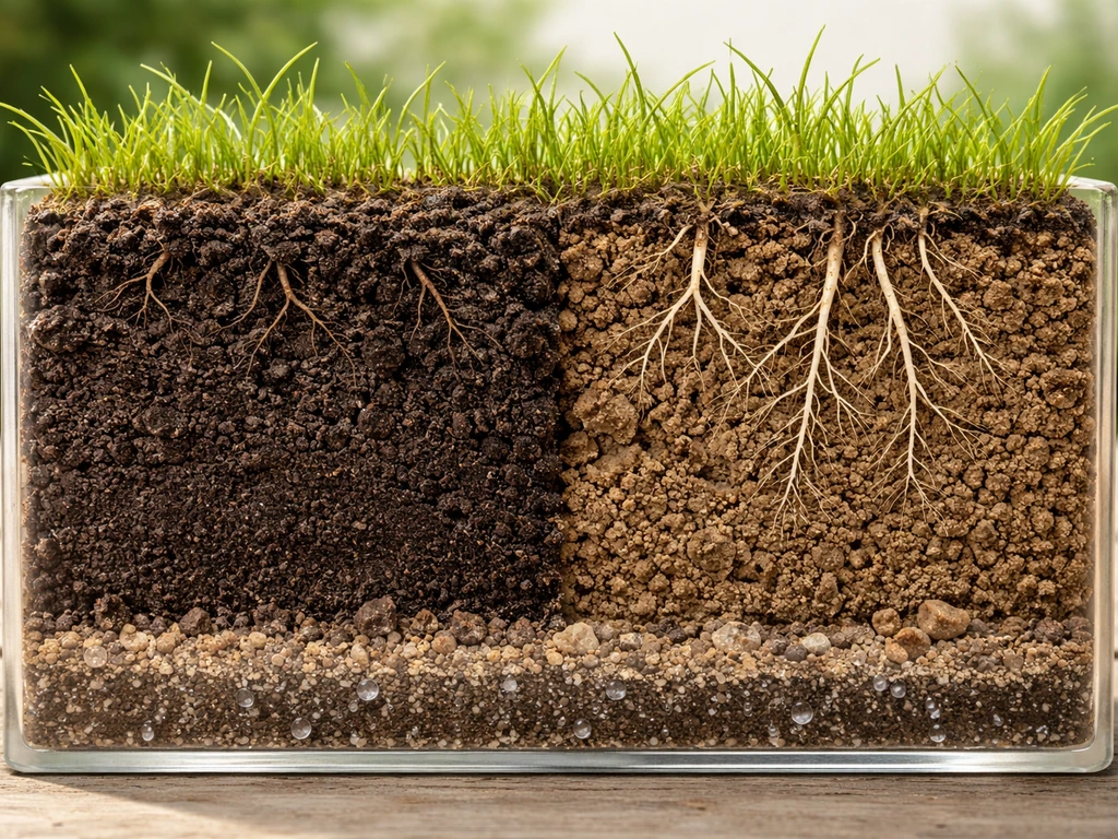 Opengesneden bodem toont links verdichte grond met beperkte wortels en rechts luchtige grond met drainage.