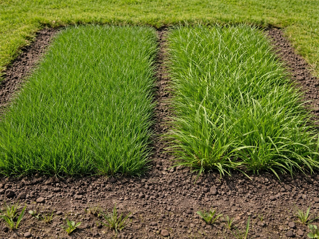 Klein proefvakje met twee grassoorten die verschillen in bladstructuur en groeivorm in een tuin