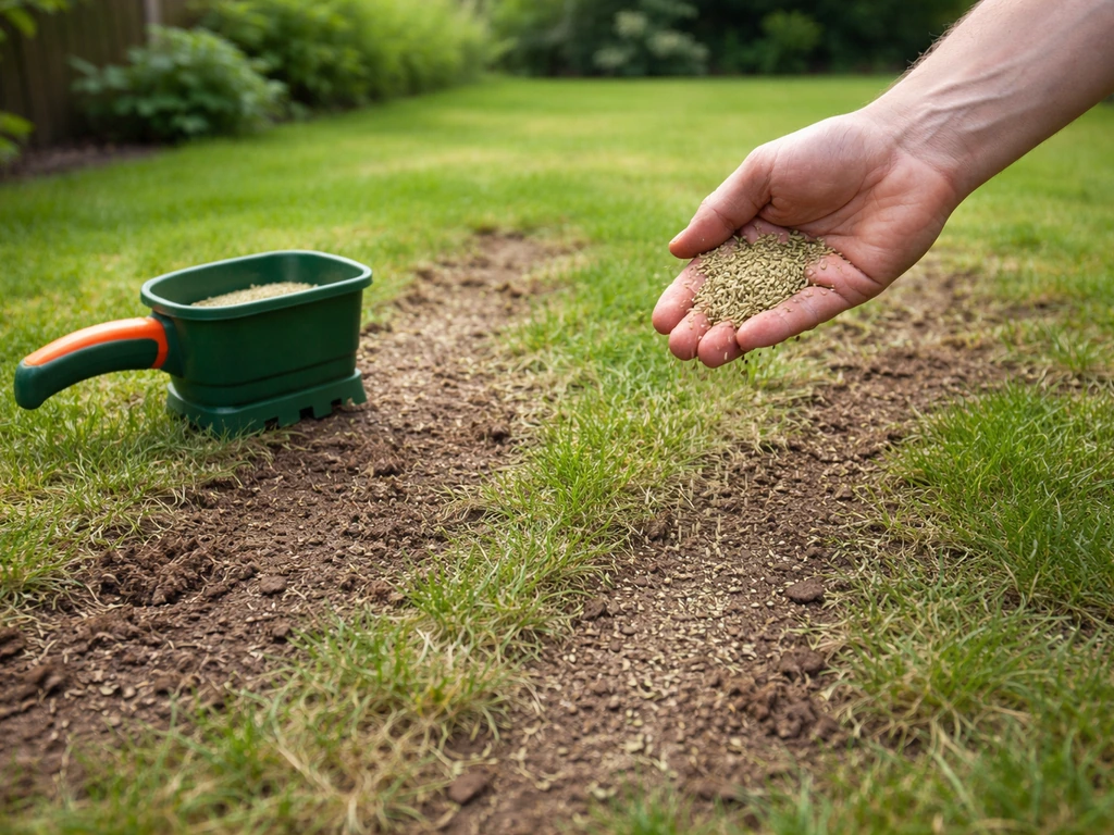 Tuin met kale grasplekken na verticuteren, nieuw graszaad gelijkmatig aangebracht met hand en strooier.