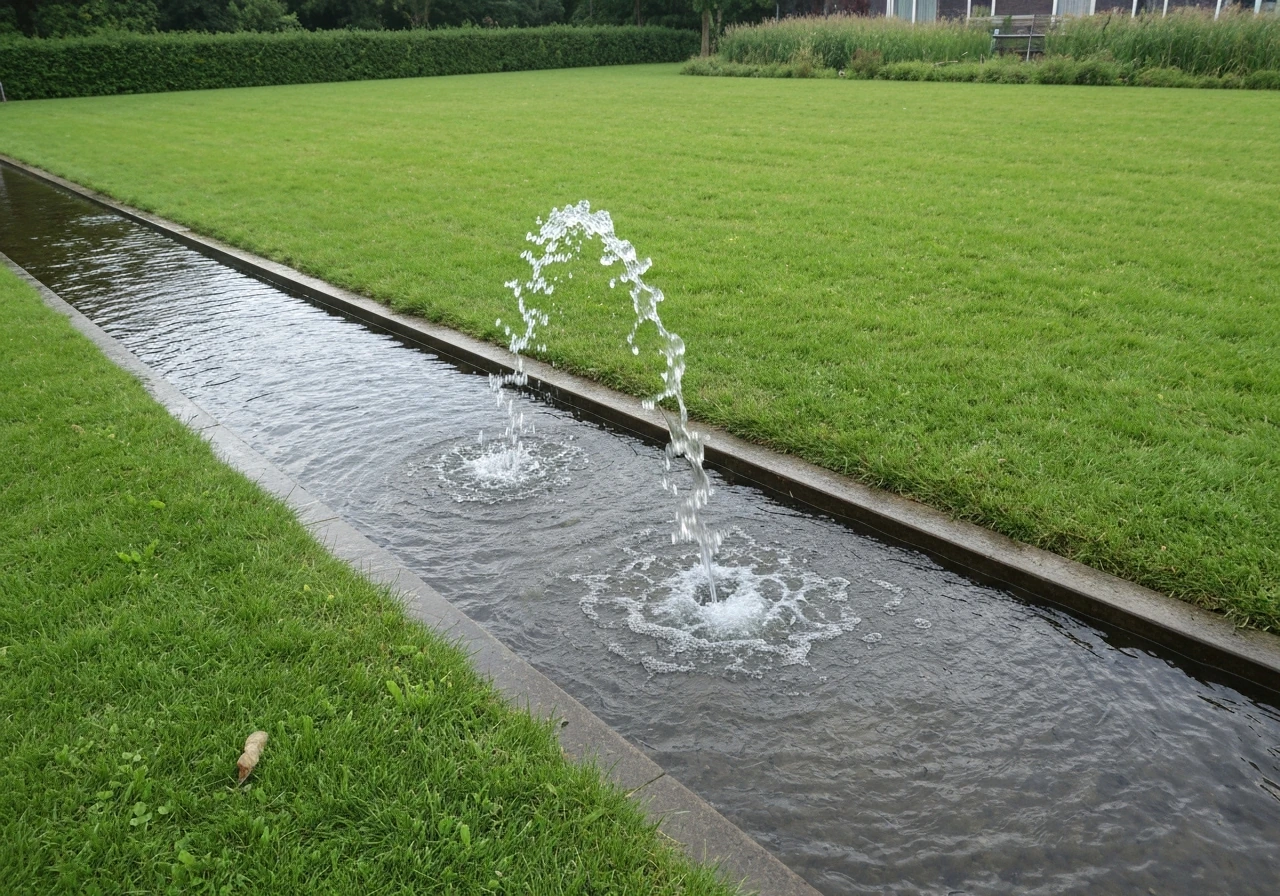 Iemand besproeit een ingezaaid gazon met tuinslang/sproeier, zichtbaar watergebied, ochtendlicht.