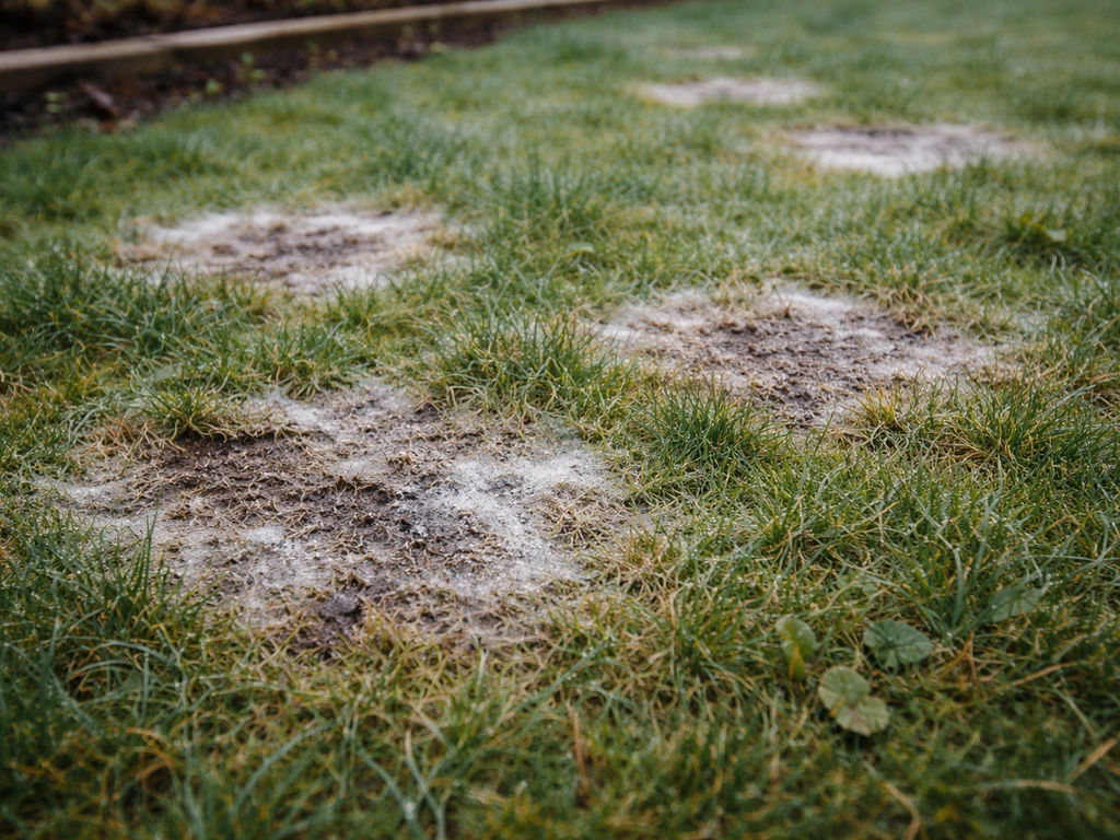 Gazon met ronde, grauwige plekken en lichte pluis op gras, natte, koude sfeer in de herfst/winter