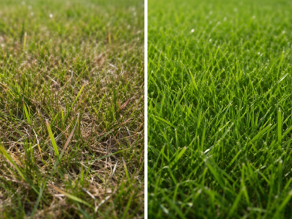 Links paarsrode stresssprieten in het gras, rechts gezond groen gras zonder verkleuring.