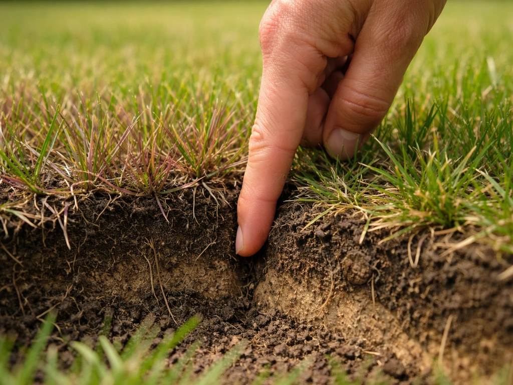 Hand steekt vinger in graszodengrond (±5 cm) bij paarsige sprieten; bodem en graslaag zijn duidelijk zichtbaar.