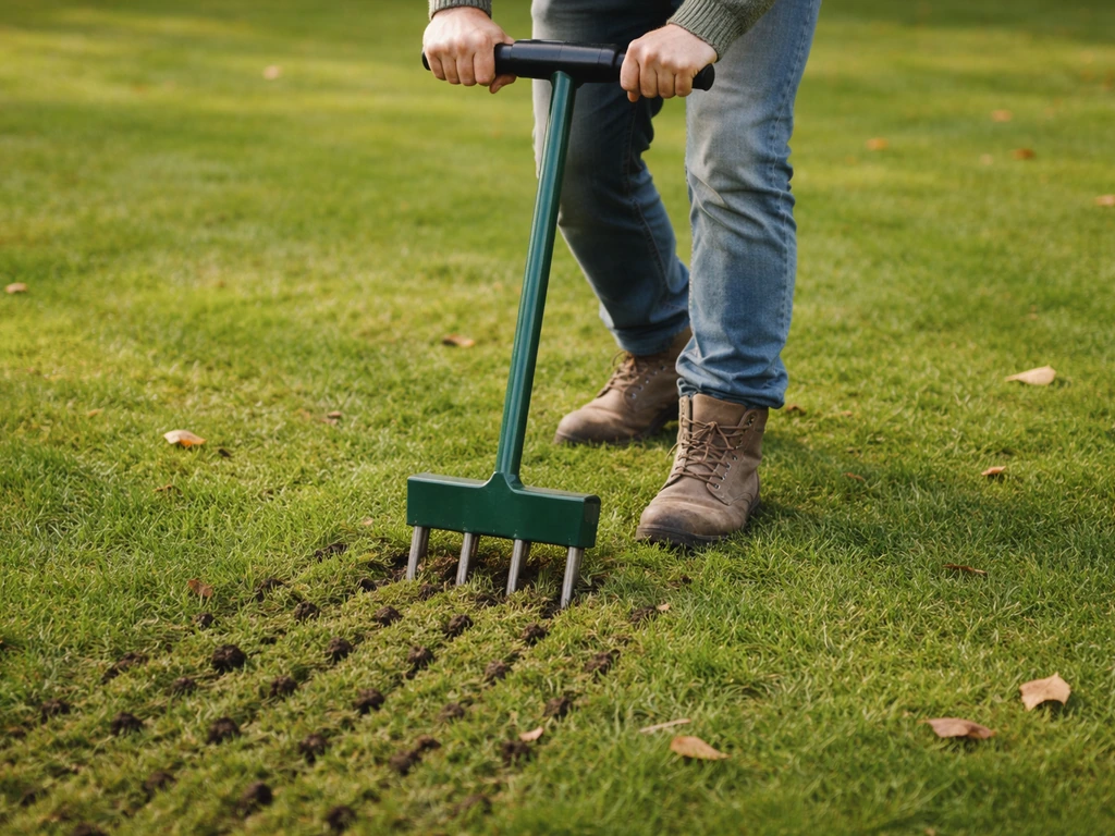 Persoon die met een gazonprikker in een groen gazon prikt, met zichtbare gaten tussen het gras.