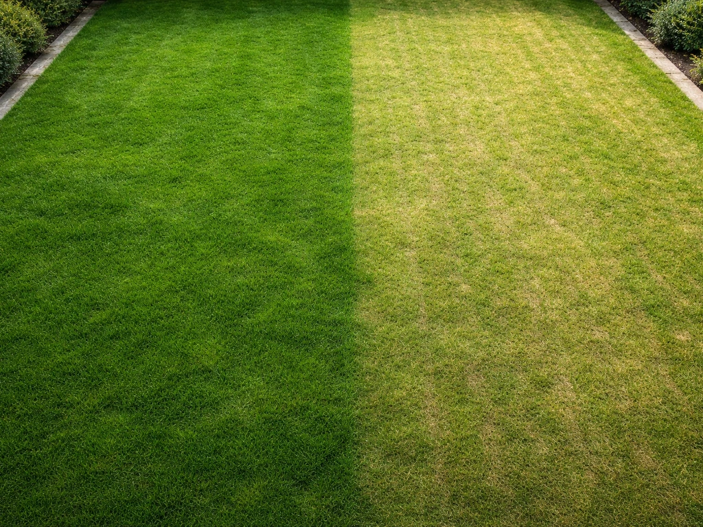 Bovenaanzicht van een Nederlands gazon met duidelijk groen vs geel/dof gras na behandeling
