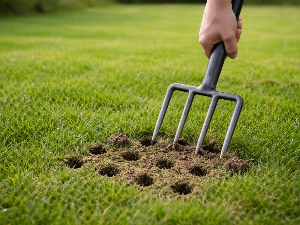 Man belucht een gazon met een beluchtingsfork: zichtbare gaatjes en losgemaakte aarde tussen het gras