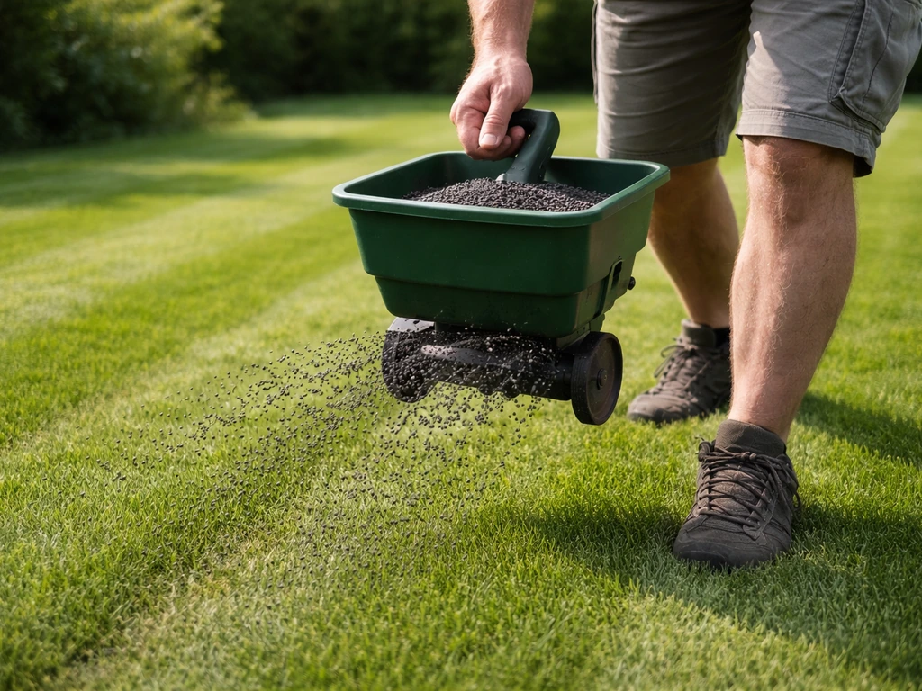 Gelijkmatig gazon bemesten met een hand- of kunstmeststrooier, met strakke stroken op Nederlands gras