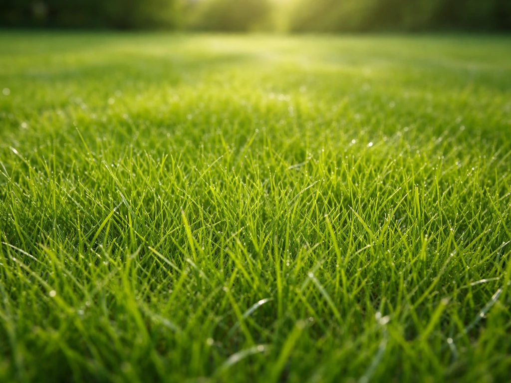 Close-up van weelderig groen Engels gras met heldere grassprieten en zacht zonlicht, als preview van blijvend groen.