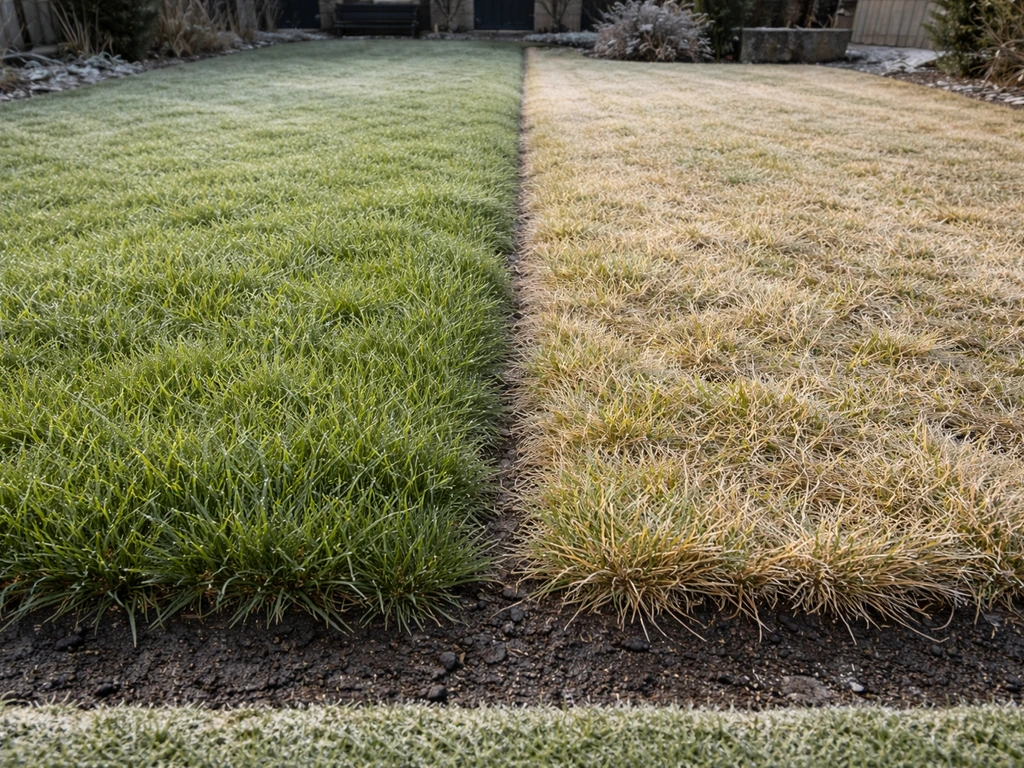 Tuin in de winter met twee zones gras: links fris en groen, rechts gelig en gestrest, duidelijke seizoenscontrast.
