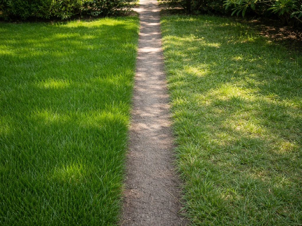 Links dicht, frisgroen gras in zon; rechts dun en lichter gras in schaduw.