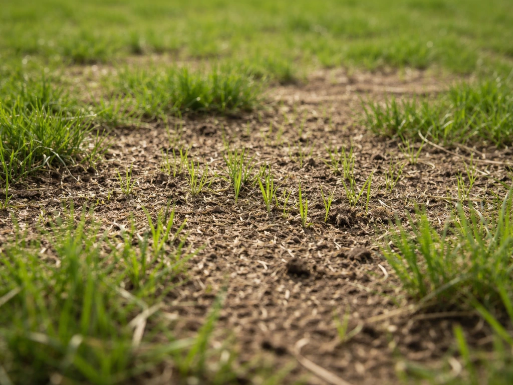 Voorjaarsgazon met overgezaaide kale plekken en zichtbare nieuwe grasscheuten tussen aarde en gras.