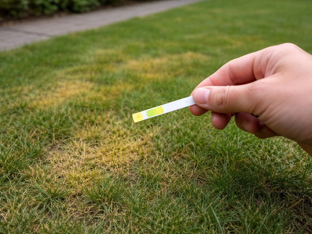 Hand houdt een pH-teststrip boven gras bij een gazonplek met lichte verkleuring