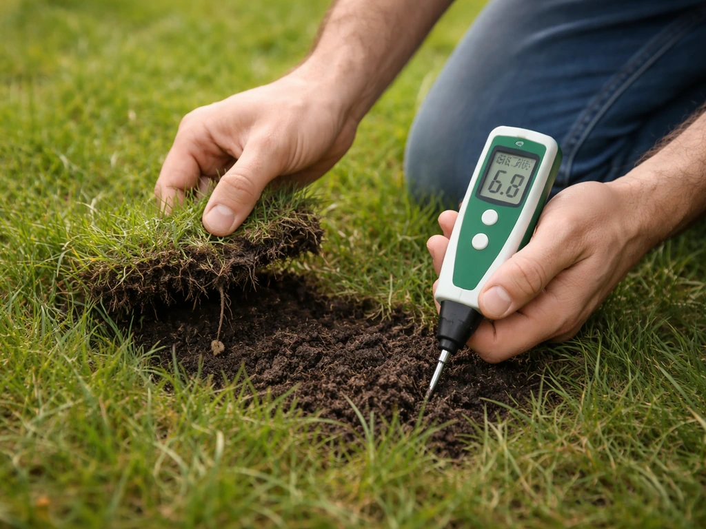 Iemand neemt een klein bodemmonster voor bodemcheck met een pH-meter en testsetje bij een grasmat