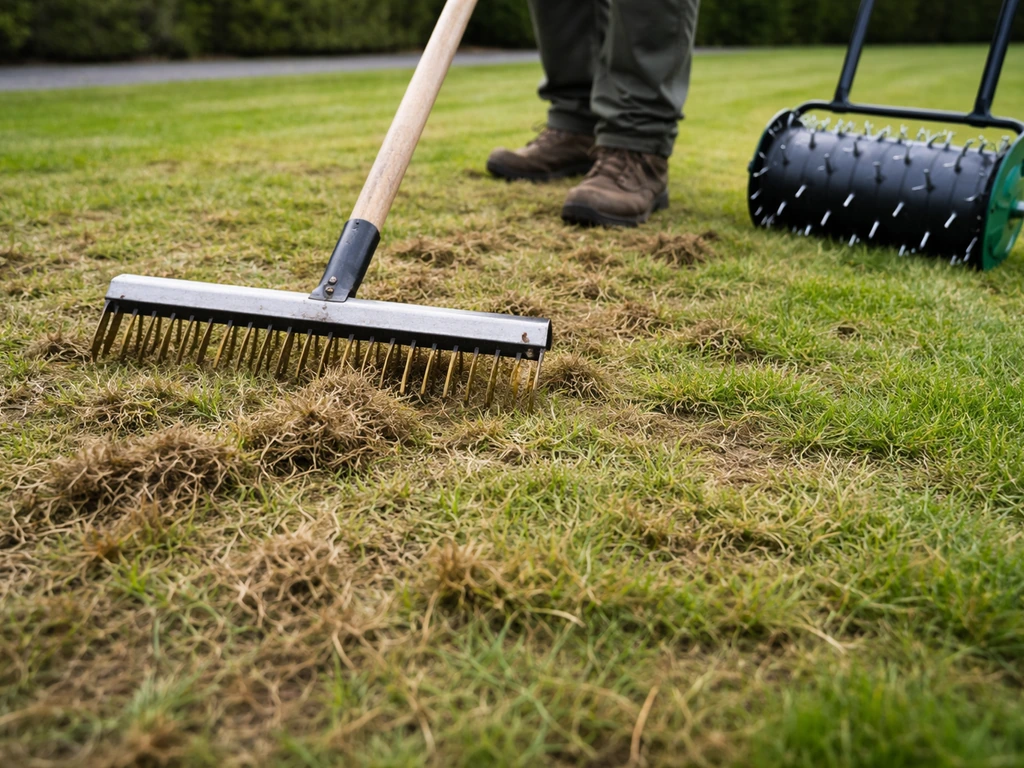 Close-up van verticuteren en een beluchter op gras, vilt en verdichting worden losgemaakt.