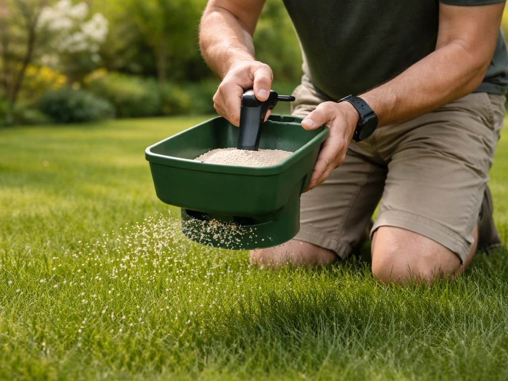 Person strooit gazonmeststof in het voorjaar over het gras met een handstrooier